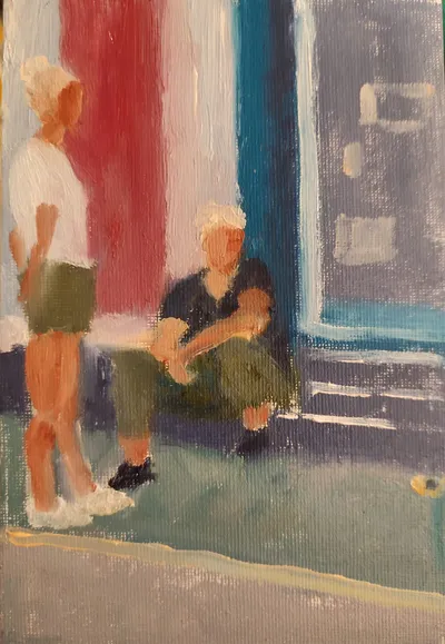 Pet Shop Girls in Zemun, 2024 — Oil on cardboard by Ilya Utekhin