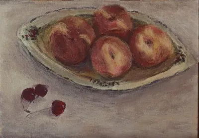 Still life with peaches, 2026 — Acrylic on cardboard by Ilya Utekhin